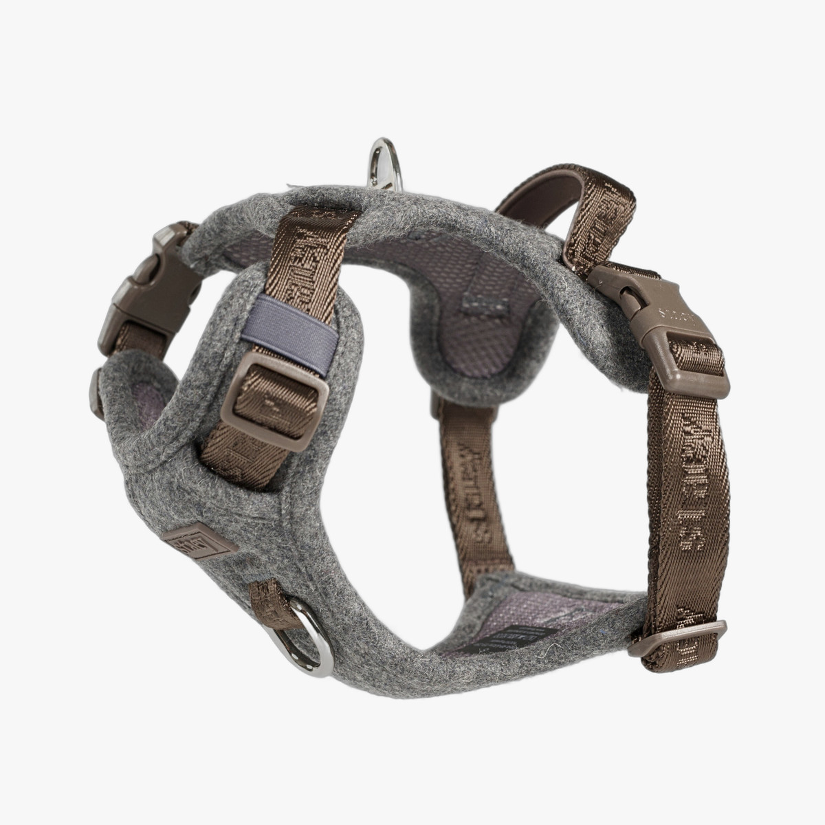 Elma dog harness in stone with padded chest panel and steel D-ring