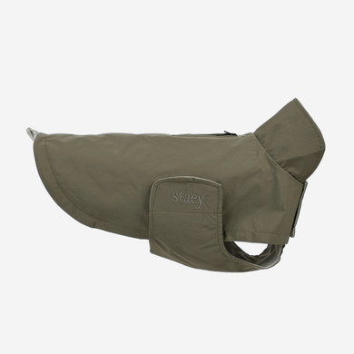 Taja dog rain coat in moss green with a high collar, side view