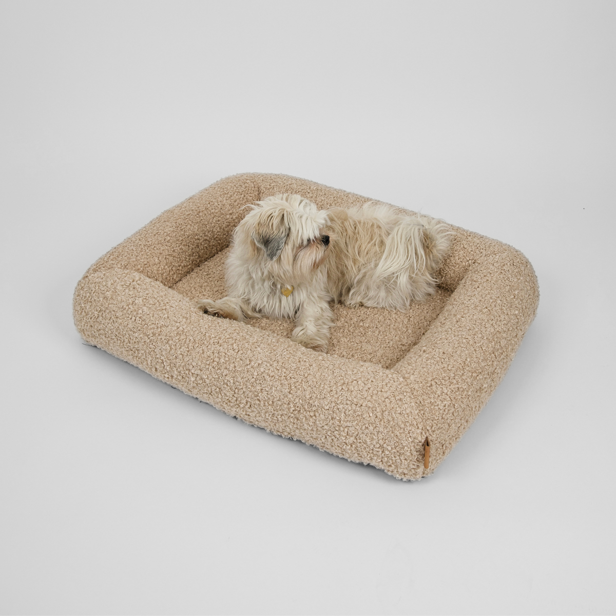 Shih tzu lying in the sand curly Karla orthopedic dog bed