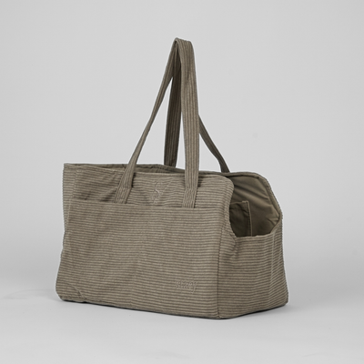 Vilda dog carrier bag in taupe corduroy with long shoulder handles