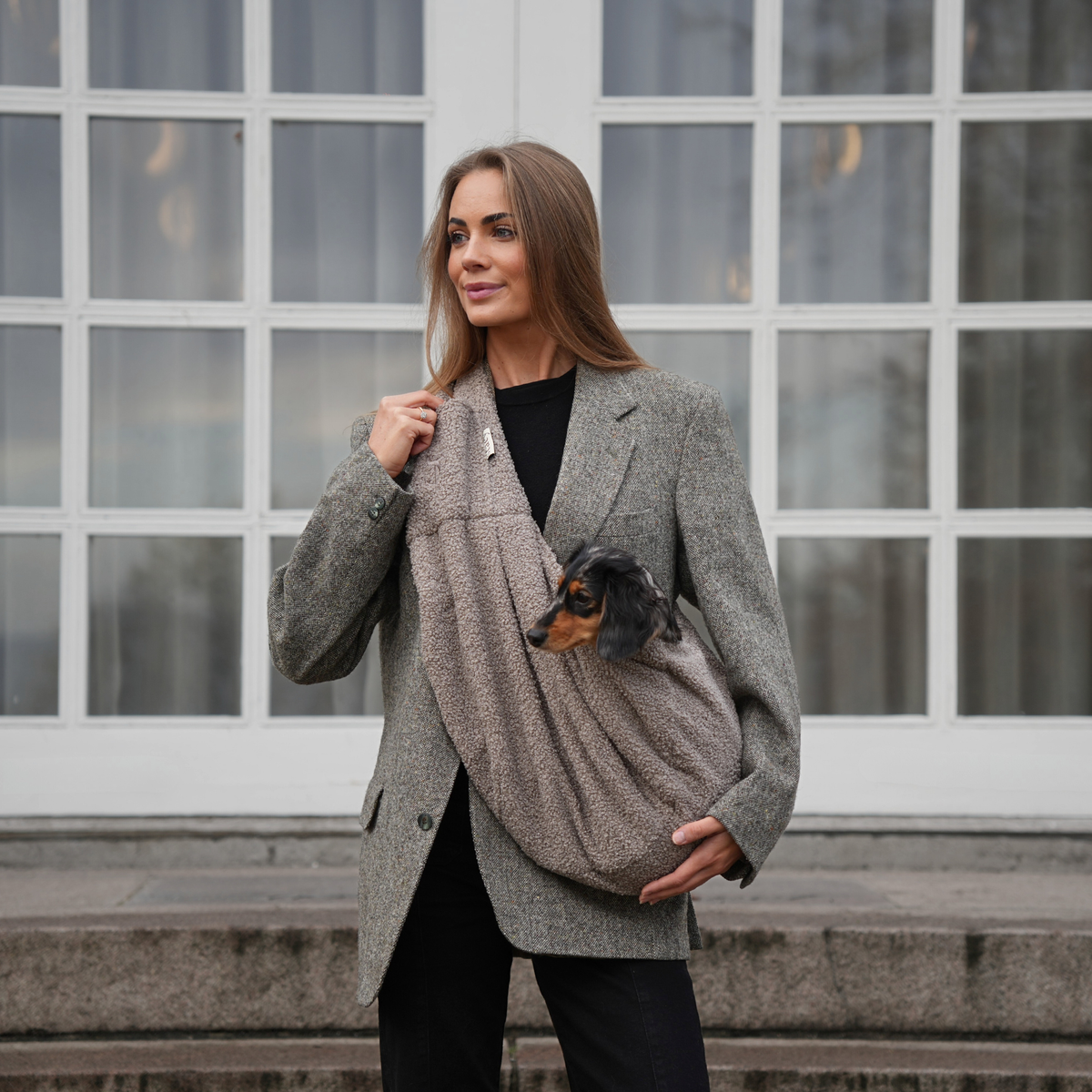 Woman in a grey blazer carrying a small dog in a teddy sling carrier