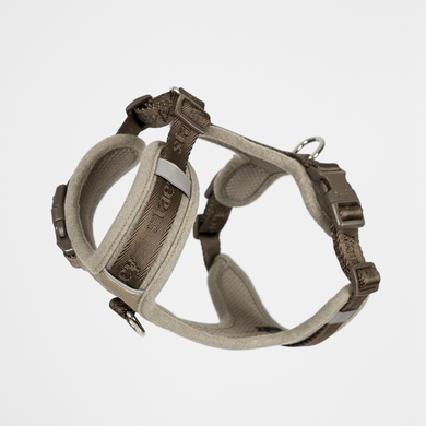 Numa dog harness in sand with braided rope trim and steel D-ring