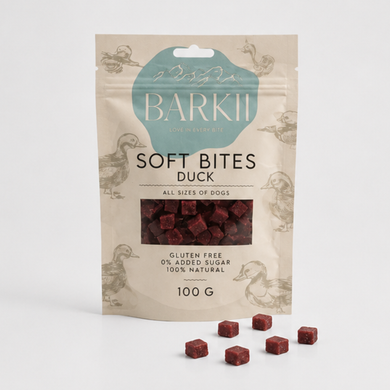 Friandises d'entraînement Barkii Soft Bites au canard, sachet de 100 g contenant des gourmandises
