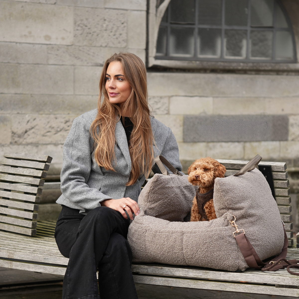 Woman on a bench with an apricot poodle in a taupe bouclé car seat