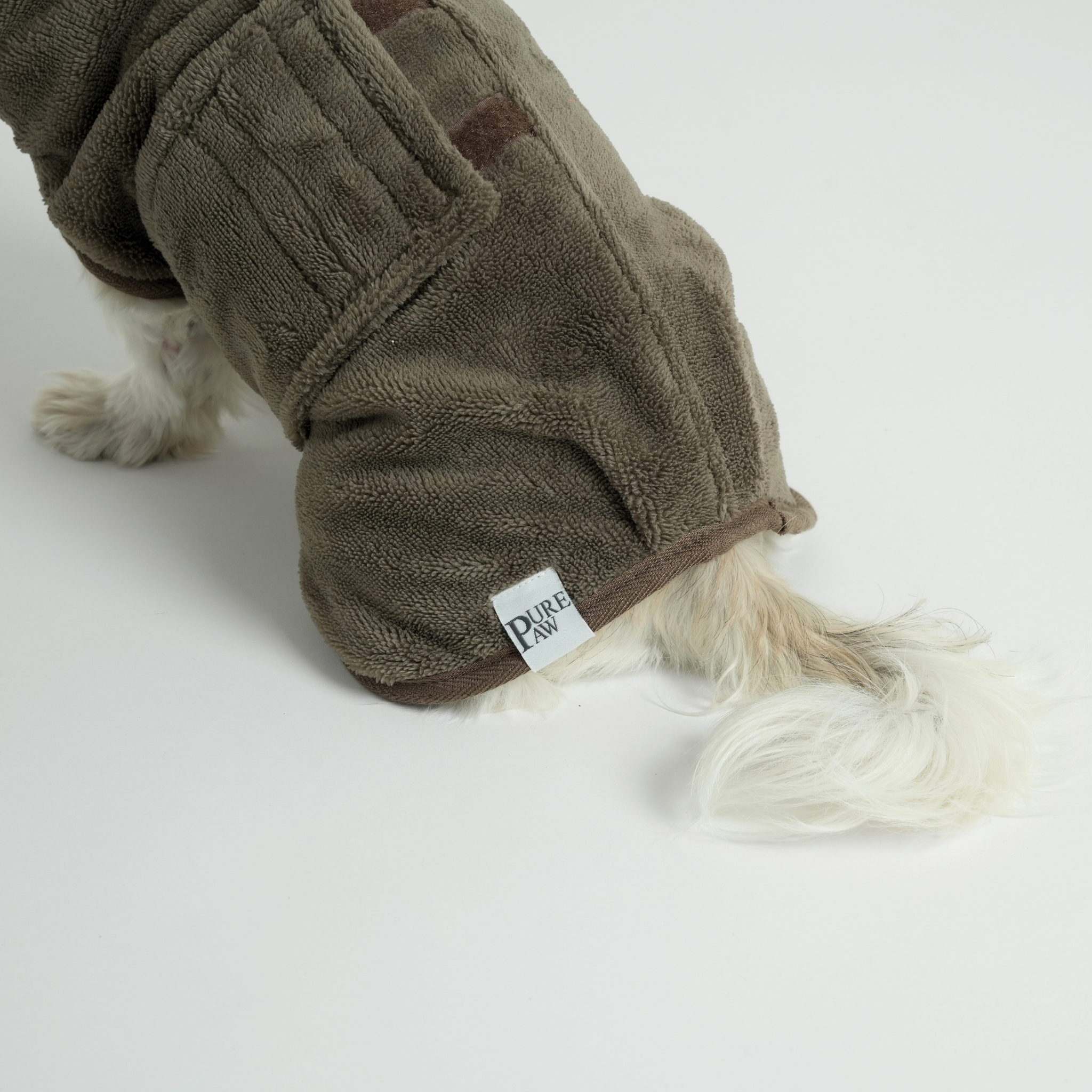 Brown bamboo dog robe with a visible brand label "PUREPAW" on a white background