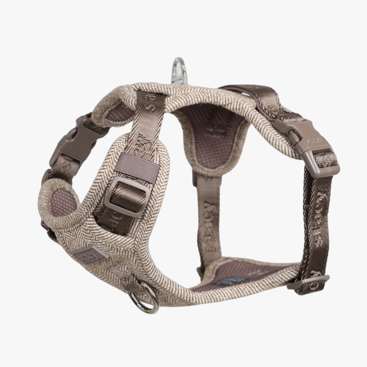 Elma dog harness in mocca herringbone weave, side view with chest and neck buckles