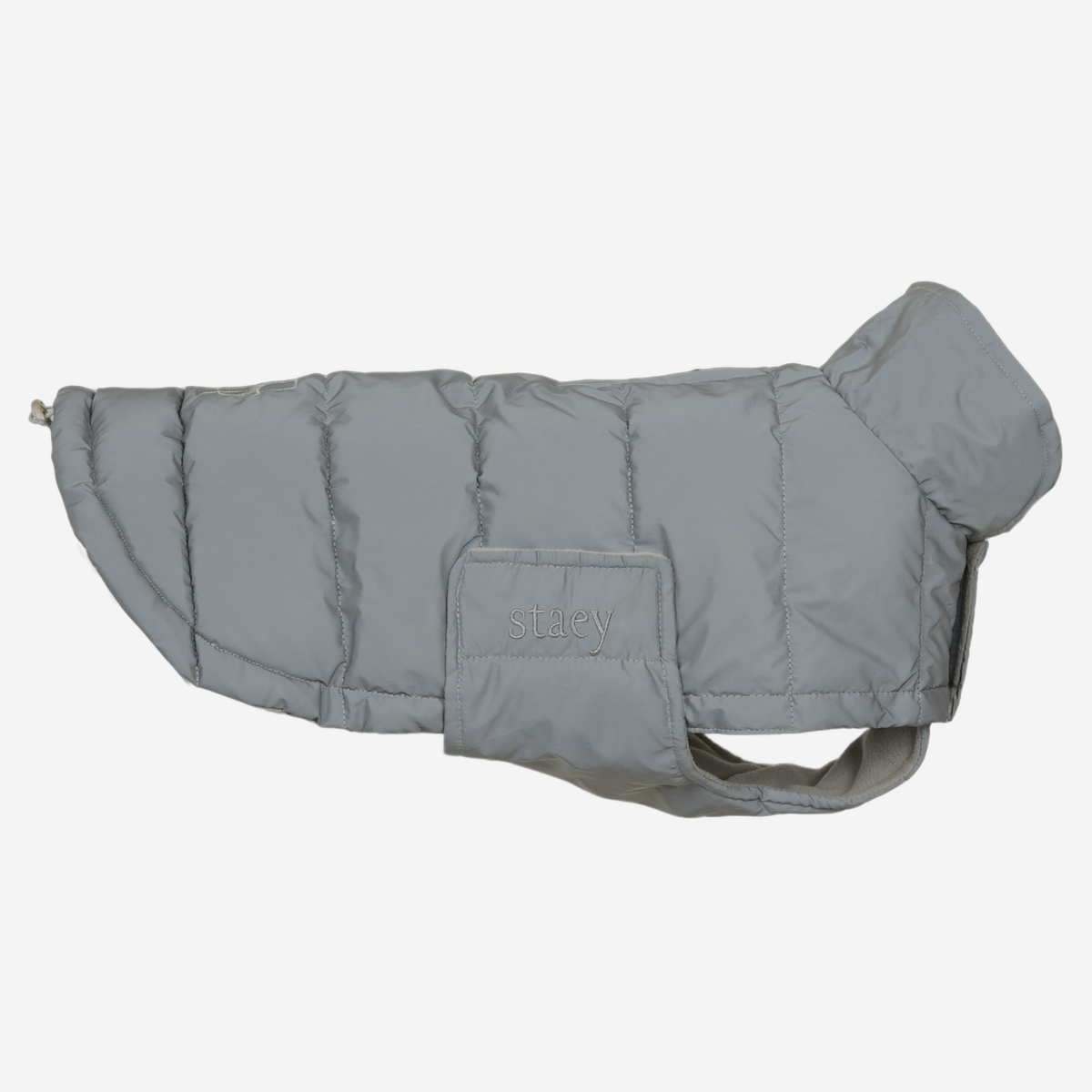 Nora quilted dog coat in reflective grey, side view
